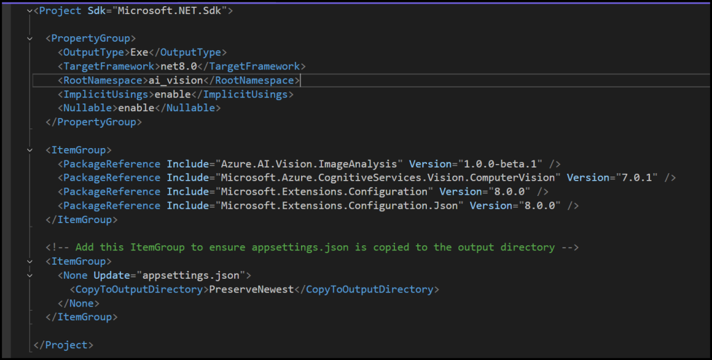 C# Project file configuration example 